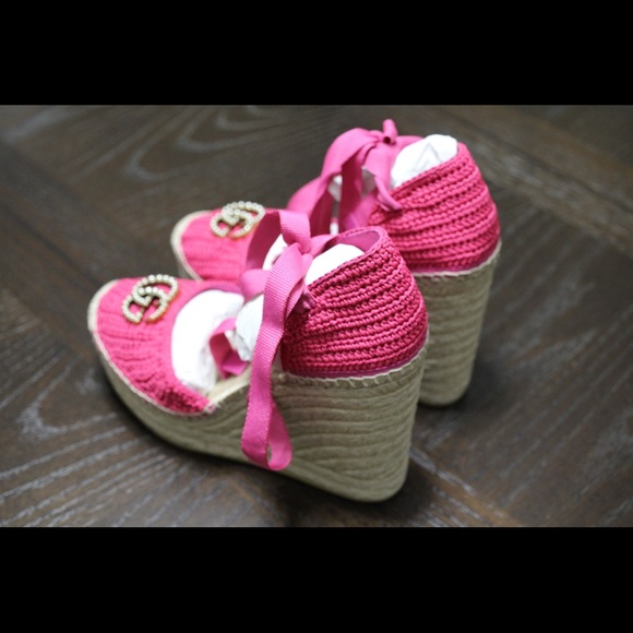 GUCCI Pink woven wedge sandals 38 IT - Picture 5 of 8